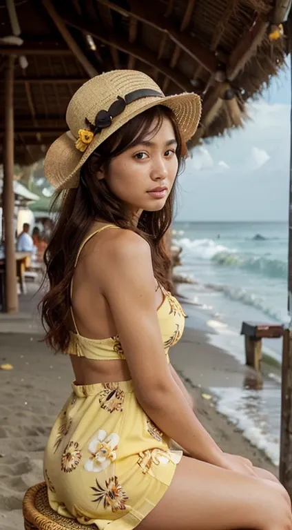 2teenage girl, mongoloid, asian, dark_skin, red hair, random hair styles, beautiful girl in nature,full body,  a beautiful woman wearing a yellow patterned Balinese beach dress and hat, sitting on a chair while watching the waves and enjoying ice cream. Th...