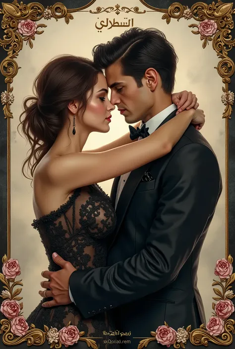 I want a beige and black and white book cover, the picture is in Victorian era art style with a girl and a man lovers and in the background the mans mother looks very pretty  while holding a gun in her hand, the username is xoqrian, the authors name is Ria...