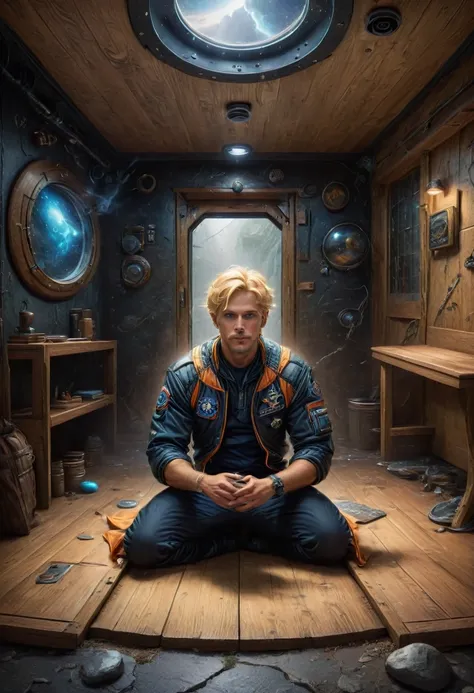 ((Best quality)) , ((masterpiece)) , (detailed) , dugout, small room in the dugout, entrance to the premises, gravitational anomaly, blonde hair, man in zero gravity, magic seal on the ground, complex details, foggy background, Hand drawn, detailed, transp...