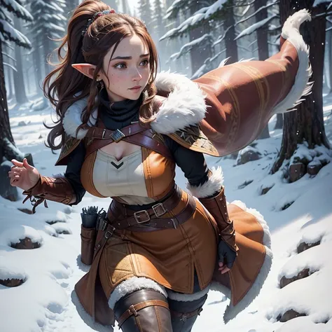 A beautiful village woman with a gentle smile, ((best quality))) (((HD))) (((8k))) (character) 20-year-old woman, ((adventurous)) elf, elf, ((beautiful)), ((brown hair)) and ((very long hair)), ponytail, voluptuous and Chunky Design,fit body, large breasts...