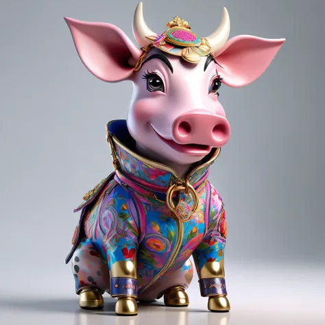 a highly detailed, vibrant 3D render in the luxurious style of Gucci, featuring a cow with a pig always togather, both adorned in colorful, intricately patterned leather clothing, showcasing a playful, exaggerated smile, with the cow boasting small, delica...