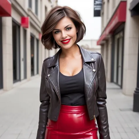 Sexy, beautiful smile,short haircut ,brunette, red gloss for plump lips,brown eyes,bright makeup, close up photo, daytime scene, There is a large one in the background ,improve, (((brunette, stylish hairstyle))), ((Business style skirt in dark gray color, ...