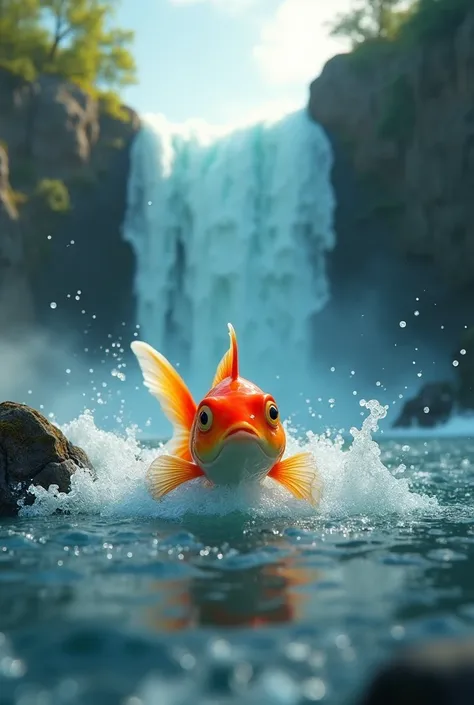 A 3D animation goldfish,cute detailed eyes,desperately swimming upstream,raging waterfall,challenging possibilities,encouraging scene,dynamic motion,vibrant colors,volumetric lighting,cinematic composition,artistic style,high quality,8k,photorealistic