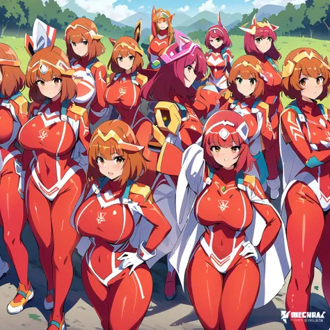 super sentai series, mecha bodysuits, girls surrounding, multiple girls, curvy body