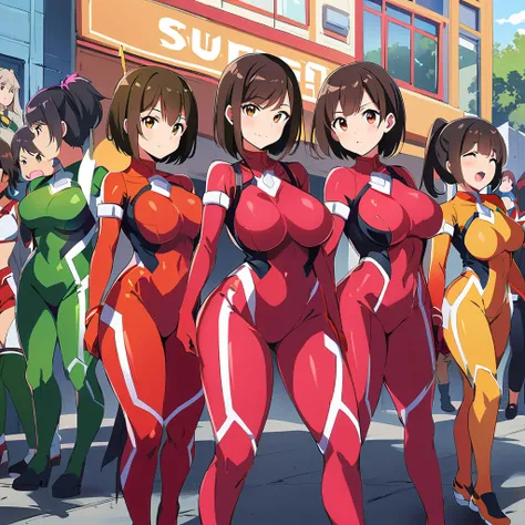 super sentai series, mecha bodysuits, girls surrounding, multiple girls, curvy body