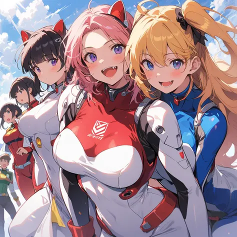 super sentai series, mecha bodysuits, girls surrounding, multiple girls, curvy body