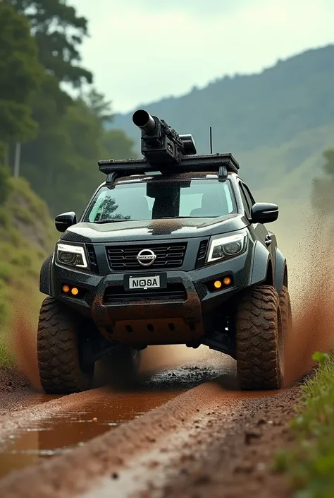 a highly detailed lifted black Nissan Navara pick up with gatling gun mounded on the roof speeding over a muddy and wet road, detailed m, photorealistic, 8k, best quality, sunny day  lighting, dramatic shadows, vibrant colors, dynamic motion blur, intricat...