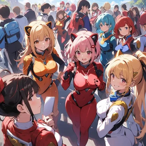 super sentai series, mecha bodysuits, girls surrounding, multiple girls, curvy body