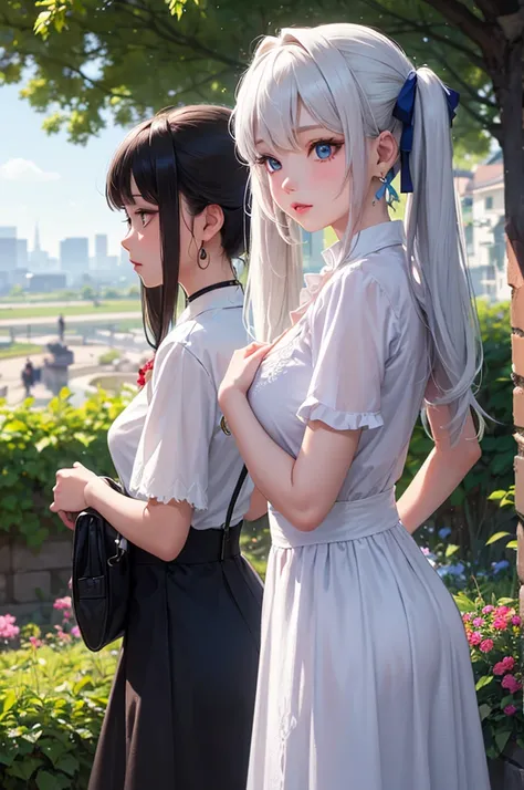 A beautiful girl in a light blue Lolita dress looking at flowers, a beautiful garden, trees, clear sky, short sleeves, ruffled dress, innocent look, view from behind, she turns back, big rounds breasts, white hair, blue bangs, hair intakes, long hair, twin...