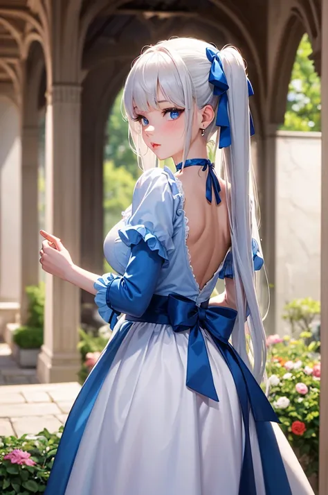 A beautiful girl in a light blue Lolita dress looking at flowers, a beautiful garden, trees, clear sky, short sleeves, ruffled dress, innocent look, view from behind, she turns back, big rounds breasts, white hair, blue bangs, hair intakes, long hair, twin...