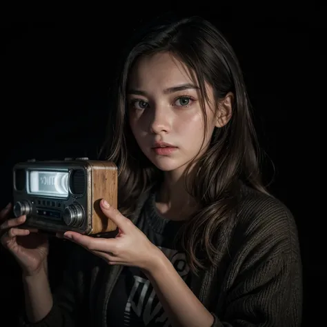 Young woman with a tense expression, holding an old radio with both hands, in a dark room, with lights flashing in the background."