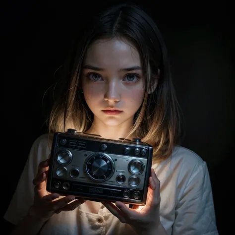 Young woman with a tense expression, holding an old radio with both hands, in a dark room, with lights flashing in the background."