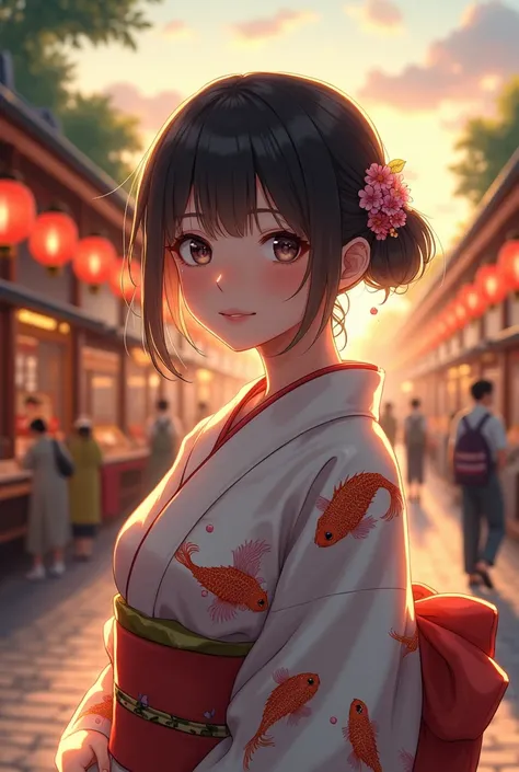 Japanese summer, festival stalls, festival, exceptionally beautiful girl wearing yukata, goldfish pattern on yukata, girl sweating, cute, memorable scene of summer day, high definition, realistic, shrine grounds as dusk approaches, dark shadows,