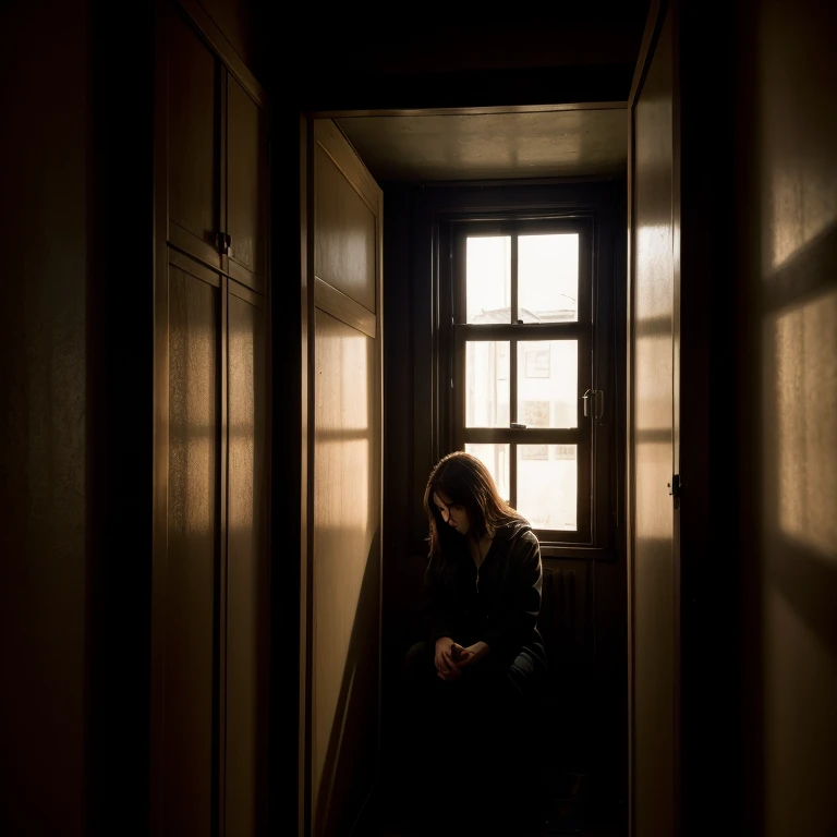 A woman alone, surrounded by shadows in a closed and precarious environment, only a small barricaded window lets in the dim light