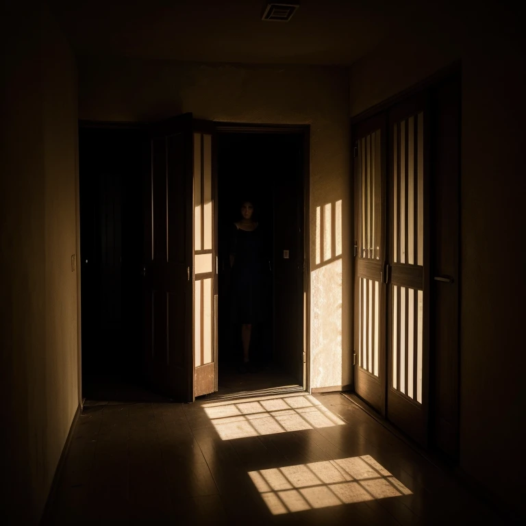 A woman alone, surrounded by shadows in a closed and precarious environment, only a small barricaded window lets in the dim light