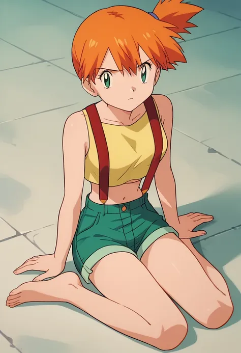 misty, 1girl, breasts, looking_at_viewer, short_hair, closed_mouth, bangs, navel, hair_between_eyes, bare_shoulders, sitting, gr...