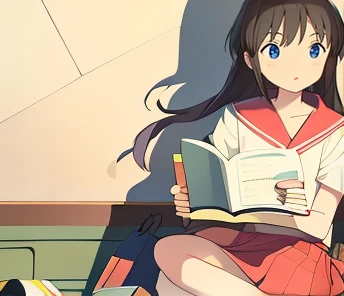 A high school girl reading a book sitting on the floor