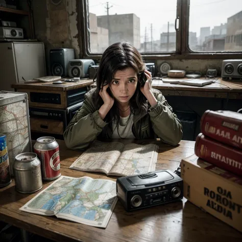 Survival environment, table cluttered with maps and cans of food, with a distressed woman in the foreground, holding the radio