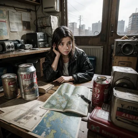 Survival environment, table cluttered with maps and cans of food, with a distressed woman in the foreground, holding the radio