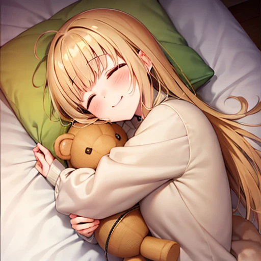 1girl,shiina mahiru ,yellow eyes,blonde hair,sleep,on bed,closed eyes,smile,happy,Hug a teddy bear