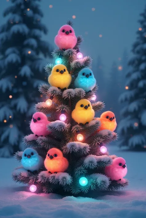 Sapporo Snow Park, lots of colorful tits sitting on the Christmas tree and、ę, Round and fluffy neon body, each in a different color round black eyes, Triangular black beak, Tilt your head, (The best quality, 4k, 8K, High resolution, masterpiece: 1.2), Very...