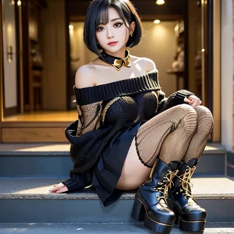 Only one person、There is only one、(((Big collar off-shoulder knit sweater)))Black pleated skirt、(((Gold mesh hair、Middle Bob)))Black eyeshadow、Long eyelashes、Fishnet stockings、Platform boots