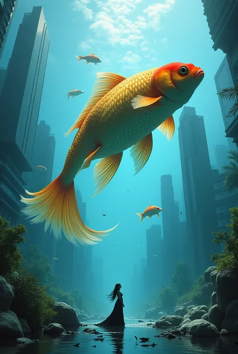 Goldfish, city in an aquarium, huge goldfish swimming between buildings against a blue sky, seen from below, ((masterpiece, highest quality, Highest image quality, High resolution, photorealistic, Raw photo, Extremely detailed CG unified 8k wallpaper)), (H...