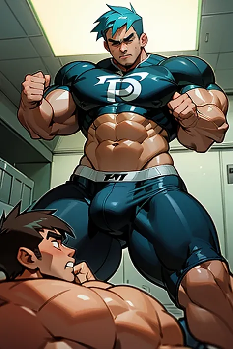 Danny Fenton in a locker room as a big dumb football jock bro staring in blank stupefied expression under hypnosis as he flexes his muscles and becomes just like dash baxter. Hyper crotch bulge. Hyper muscles. Big biceps. Big triceps. Big traps. Broad shou...