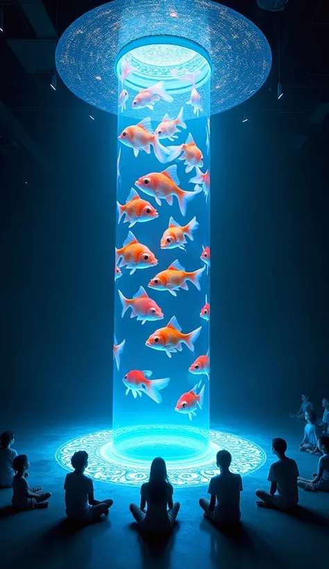 AquaVortex: The Goldfish Mandala is a holographic installation combining virtual reality, kinetic art, and meditation. In a dark, immersive space, a central, rotating column of water glows with neon lights, housing goldfish in synchronized dance. The viewe...