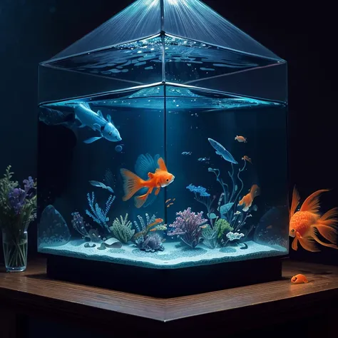 ((1 goldfish in a square blue aquarium:1.1)), aquarium with blue Iridescent Enchanted lights, night, Iridescent Indirect lighting, Crystal rainbow lights effect, ((masterpiece)), (best quality), extremely detailed, ultra detailed background, photorealistic...