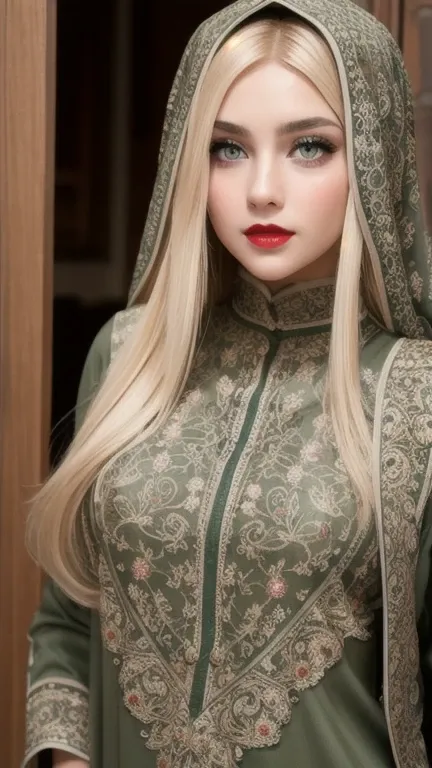 perfect face, red lips, green eyes, very super long blonde smooth hair, wearing a olive red islamic clothing with  islamic engra...