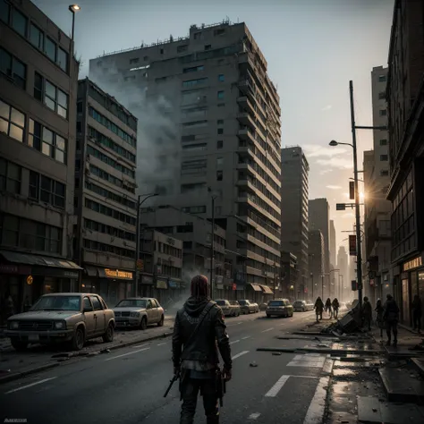 Post-apocalyptic city, with marks of destruction in the streets, threatening shadows of zombies appearing on corners