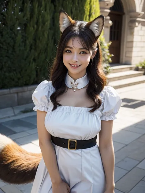 ((Best Quality, 8k)), ((masterpiece)), (Highest Resolution), Perfect Face, Woman with fox ears, Woman with a tail, Beautiful woman, She is a housekeeper, This was taken outside the castle, Only one tail, She has thick thighs, Her big fox tail, I can see he...