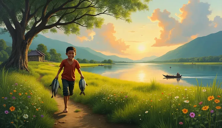 Photorealism:1.2, best quality)), birds chirping, cloudy weather, low tree topography, colourful flowers with short grass ((close  view))detailed landscape north sumatera, detailed indonesian , little young boy, happy, running,  hang several mujair fish  o...