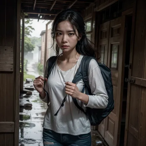 "Woman with a determined expression leaving an old house, carrying a worn backpack and a knife, rain falling all around