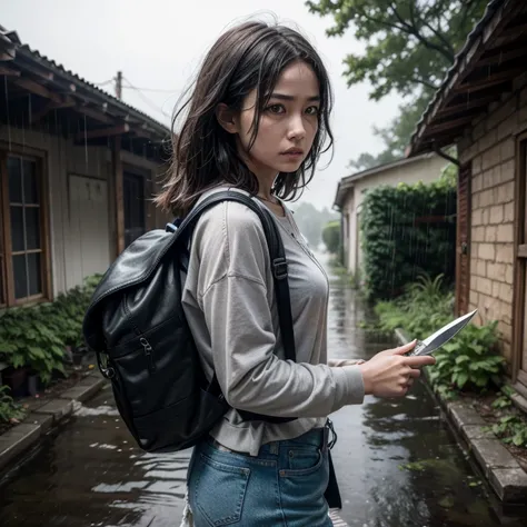 "Woman with a determined expression leaving an old house, carrying a worn backpack and a knife, rain falling all around