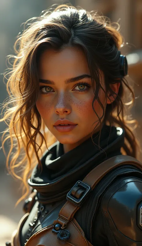 solo focus, close up portrait of a masterpiece of a woman with tactical gear in a Tatooine building, rays of light, caustics, mechanical parts, wiring, droid, metal jaw, cinematic lighting, dramatic, hyper detailed, dramatic atmosphere, photorealistic, 8k,...