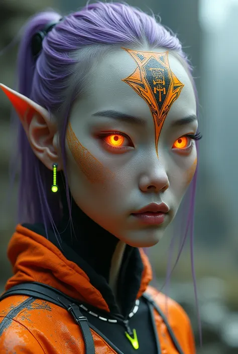 This image features a futuristic, alien-like interpretation of an Asian female figure. The character has humanoid but distinctly non-human features, with textured gray skin and glowing, completely orange eyes. The head is adorned with a geometric design in...