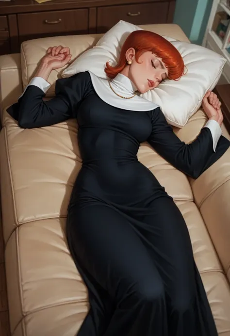 dexter mother from the cartoon "dexter laboratory", red hair, short hair, lying on the couch, face down, sleeping, nun&#39;s clo...