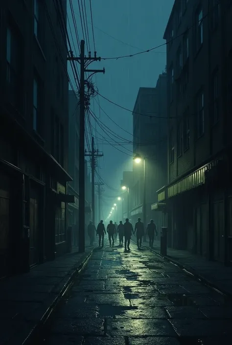 Deserted street at night, with light rain falling, distant groans and deformed shadows of zombies approaching in the distance.