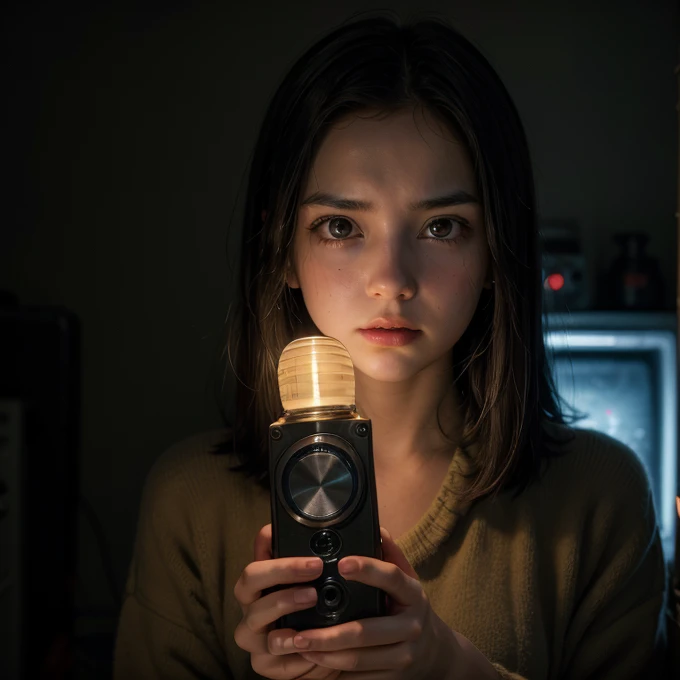 Young woman with a tense expression, holding an old radio with both hands, in a dark room, with lights flashing in the background."