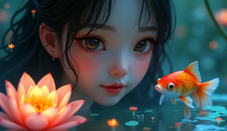 (beautiful detailed eyes, beautiful detailed lips, extremely detailed eyes and face, long eyelashes), 1girl, goldfish, swimming in a pond, water lily, lotus flower, colorful koi fish, glowing bioluminescent plankton, glowing mushrooms, mystical forest, (be...