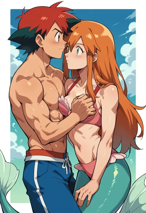 1boy, ash ketchum, black hair, brown eyes, hair between eyes, ash ketchum, shirtless, male swimwear, handsome boy, macho, good looking boy, muscular boy 1girl, misty pokemon, orange hair, long hair, hair down, green eyes, mermaid costume, seashell bra, mer...