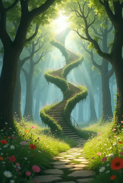 Fresh spring meadow、Spiral staircase stretching into the sky、Realistic、Fantastic lighting、Beautiful views