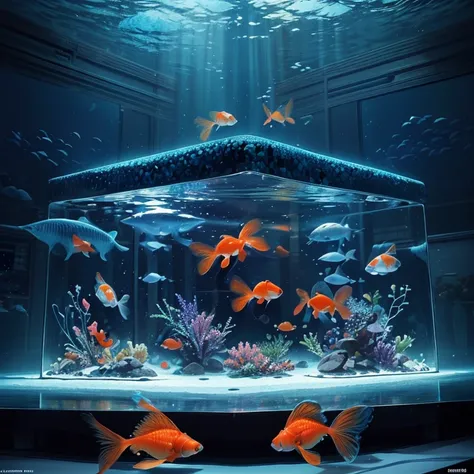 ((1 goldfish in a square blue aquarium:1.1)), aquarium with blue Iridescent Enchanted lights, night, Iridescent Indirect lighting, Crystal rainbow lights effect, ((masterpiece)), (best quality), extremely detailed, ultra detailed background, photorealistic...