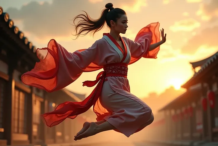 (photorealism:1.2), young adult teen. european type. she is geisha ninja. flowers kimono. body in motion. best action photo. realistic japan catana. big long jump in air like ninja. long legs. sexy body. small tits. showing her sexy body under kimono. trad...