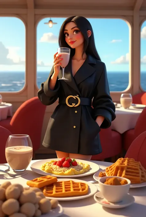 Girl 30 years, long black straight hair, wearing short oversized black long sleeve short jacket dress tied with black Gucci gold buckle belt and white high top converse sneakers , having chocolate milk, 1 cup in glass cone type vase of oatmeal topped with ...