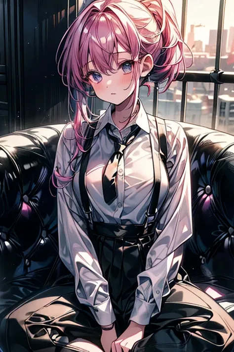 (best quality, masterpiece), 1girl,4k, 8k, uhd, hdr, detailed background, purple and pink mixed hair, high pony tail , wearing a white button-up shirt with a black tie, black suspenders over the shirt, black gloves, black pants,  Mature Female, full body, ...