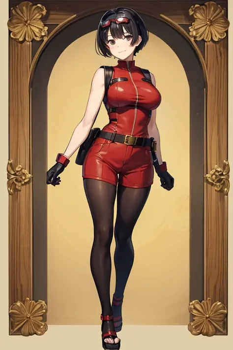 Anime Art、Full body portrait、Characters of the early modern period、Background blank、A female pilot standing upright, about 160cm tall, about 3, wearing a red sleeveless suit, red shorts and iron armor.、She is wearing black tights that cover her lower body....