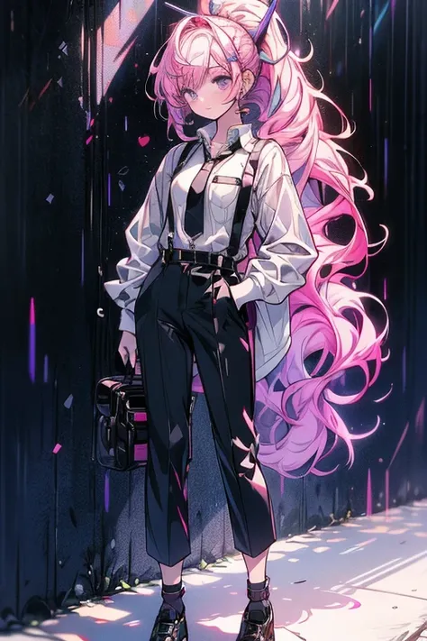 (best quality, masterpiece), 1girl,4k, 8k, uhd, hdr, detailed background, purple and pink mixed hair, high pony tail , wearing a white button-up shirt with a black tie, black suspenders over the shirt, black gloves, black pants, , full body, leaning agains...